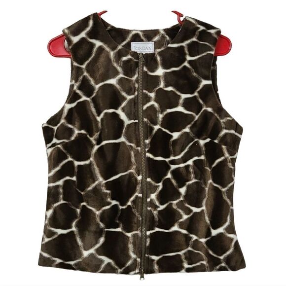 Jordan Womens Faux Fur Brown Giraffe Animal Print Vest Dual Zip Velvet Velour - Picture 1 of 7